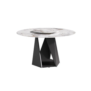 English Elm 53" Round Sintered Stone Dining Table Brass Base Lazy Susan Seats Six Modern W1535S00707
