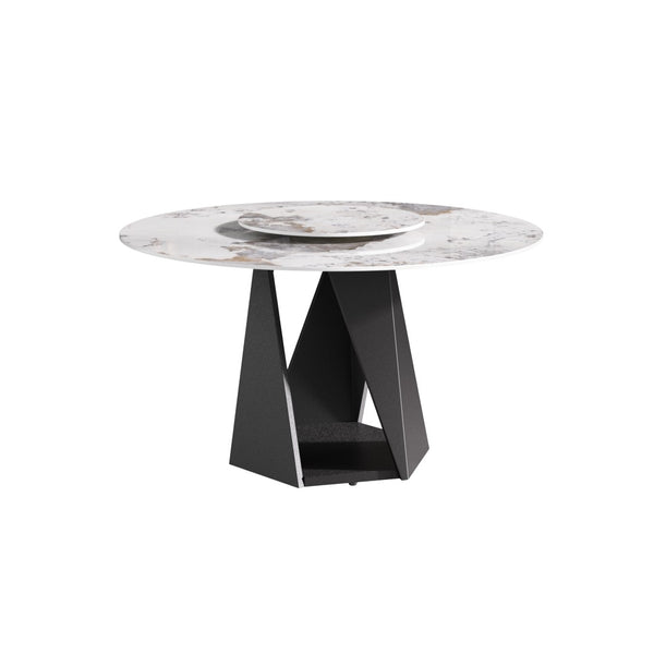 English Elm 53" Round Sintered Stone Dining Table Brass Base Lazy Susan Seats Six Modern W1535S00707