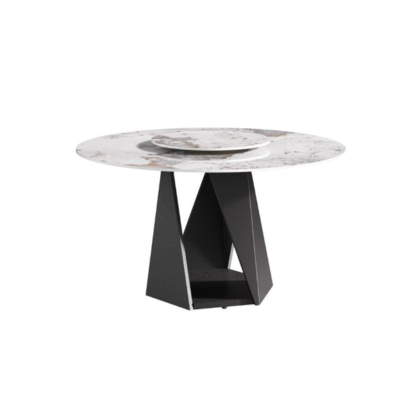 English Elm 53 Inch Round Sintered Stone Dining Table with Lazy Susan and Black Iron Pedestal Base W1535S00707