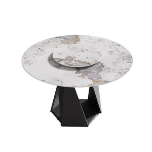 English Elm 53" Round Sintered Stone Dining Table Brass Base Lazy Susan Seats Six Modern W1535S00707