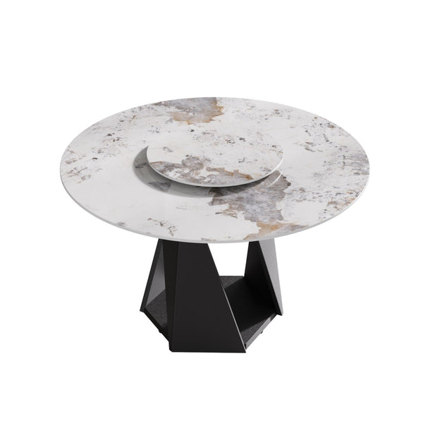English Elm 53" Round Sintered Stone Dining Table Brass Base Lazy Susan Seats Six Modern W1535S00707