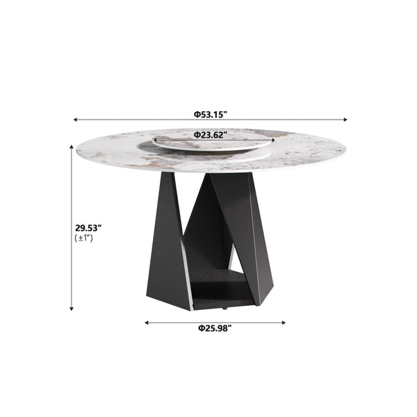 English Elm 53" Round Sintered Stone Dining Table Brass Base Lazy Susan Seats Six Modern W1535S00707