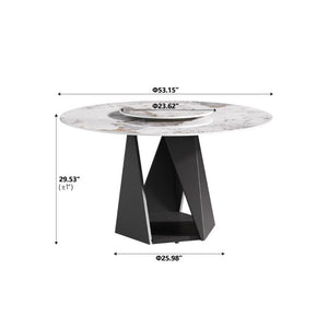 English Elm 53 Inch Round Sintered Stone Dining Table with Lazy Susan and Black Iron Pedestal Base W1535S00707