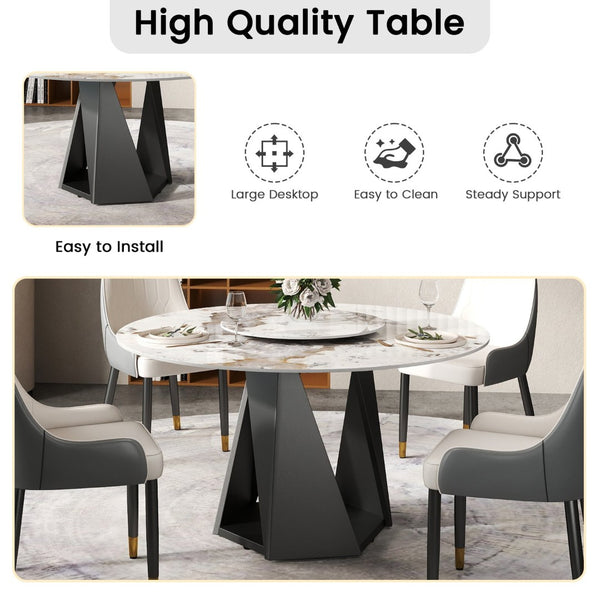 English Elm 53" Round Sintered Stone Dining Table Brass Base Lazy Susan Seats Six Modern W1535S00707