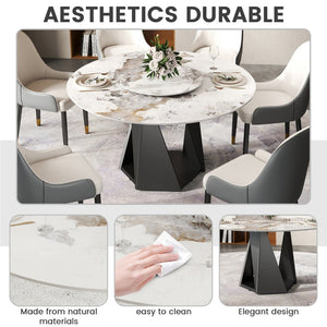 English Elm 53" Round Sintered Stone Dining Table Brass Base Lazy Susan Seats Six Modern W1535S00707