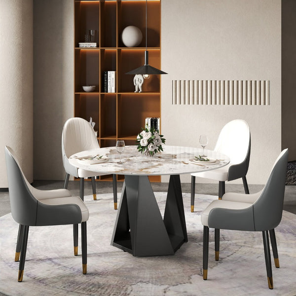 English Elm 53" Round Sintered Stone Dining Table Brass Base Lazy Susan Seats Six Modern W1535S00708