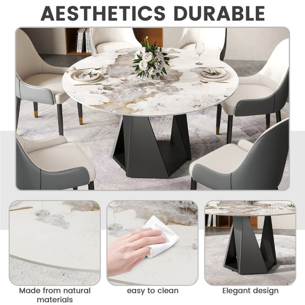 English Elm 53" Round Sintered Stone Dining Table Brass Base Lazy Susan Seats Six Modern W1535S00708