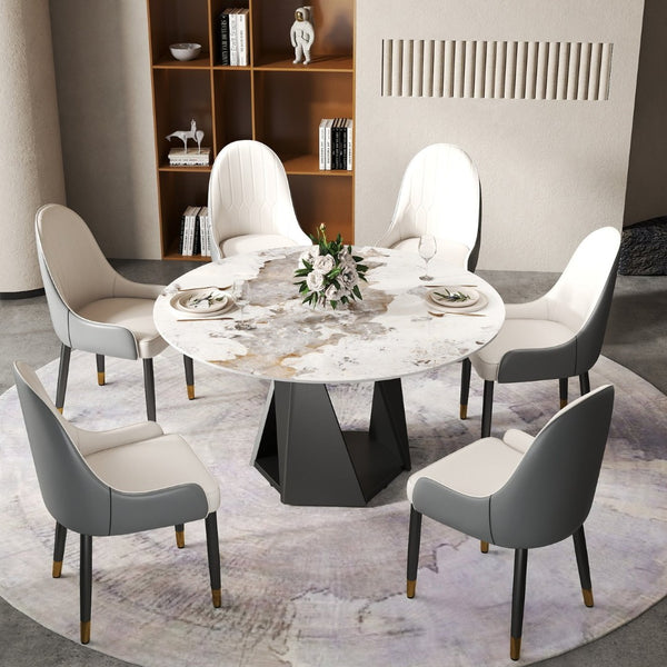 English Elm 53" Round Sintered Stone Dining Table Brass Base Lazy Susan Seats Six Modern W1535S00708
