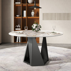 English Elm 53" Round Sintered Stone Dining Table Brass Base Lazy Susan Seats Six Modern W1535S00708