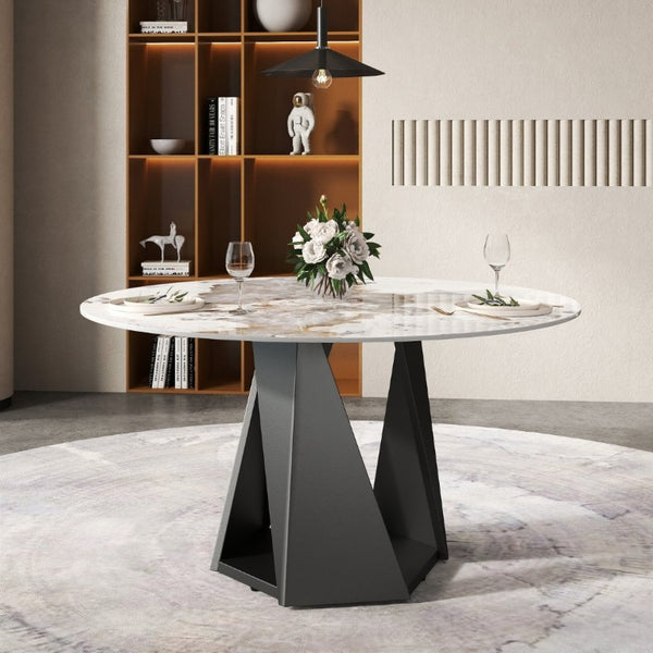 English Elm 53 Inch Round Sintered Stone Dining Table Seats 6 with Sculptural Black Iron Pedestal W1535S00708