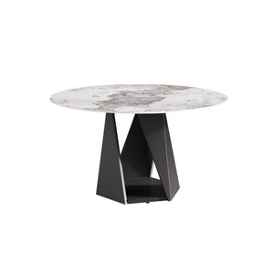 English Elm 53" Round Sintered Stone Dining Table Brass Base Lazy Susan Seats Six Modern W1535S00708