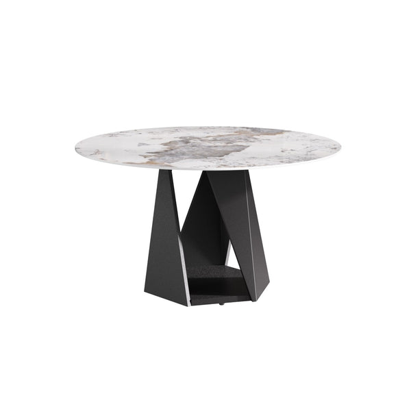 English Elm 53" Round Sintered Stone Dining Table Brass Base Lazy Susan Seats Six Modern W1535S00708