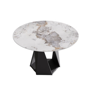 English Elm 53" Round Sintered Stone Dining Table Brass Base Lazy Susan Seats Six Modern W1535S00708