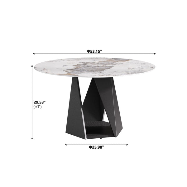 English Elm 53" Round Sintered Stone Dining Table Brass Base Lazy Susan Seats Six Modern W1535S00708
