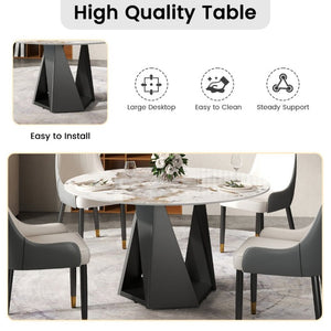 English Elm 53 Inch Round Sintered Stone Dining Table Seats 6 with Sculptural Black Iron Pedestal W1535S00708