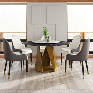 English Elm 53" Round Sintered Stone Dining Table Brass Base Lazy Susan Seats Six Modern W1535S00709