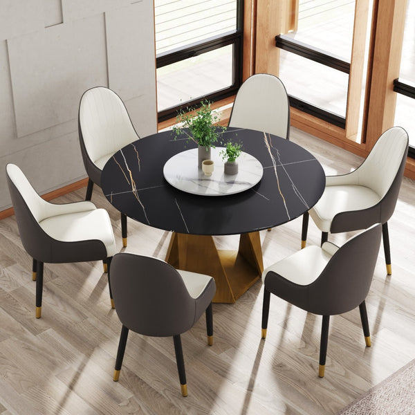 English Elm 53" Round Sintered Stone Dining Table Brass Base Lazy Susan Seats Six Modern W1535S00709