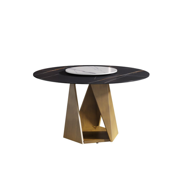 English Elm 53" Round Sintered Stone Dining Table Brass Base Lazy Susan Seats Six Modern W1535S00709