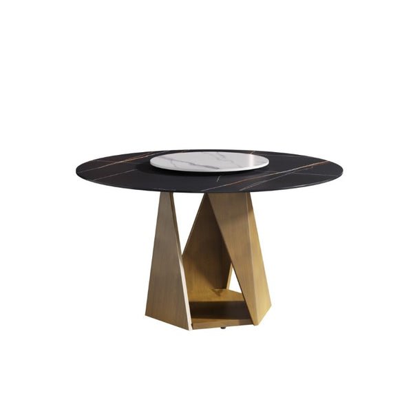 English Elm 53 Inch Round Sintered Stone Dining Table with Bronze Pedestal Base and Lazy Susan W1535S00709