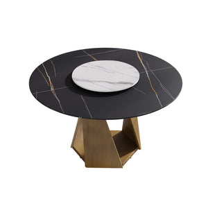 English Elm 53" Round Sintered Stone Dining Table Brass Base Lazy Susan Seats Six Modern W1535S00709