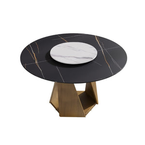 English Elm 53 Inch Round Sintered Stone Dining Table with Bronze Pedestal Base and Lazy Susan W1535S00709