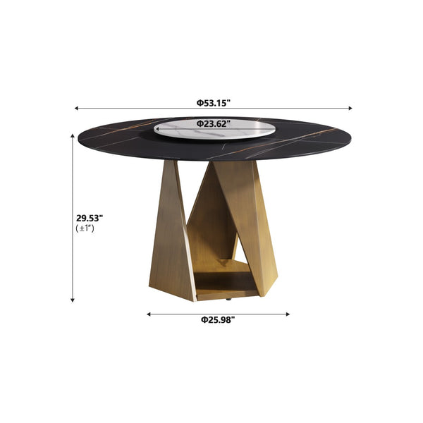 English Elm 53" Round Sintered Stone Dining Table Brass Base Lazy Susan Seats Six Modern W1535S00709
