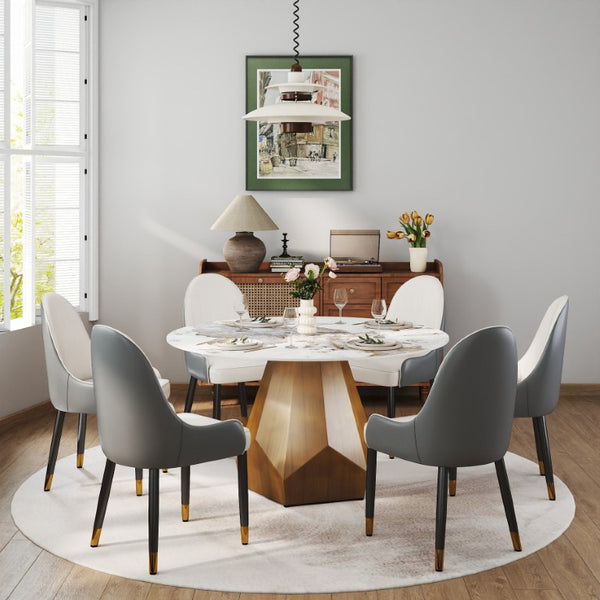 English Elm 53 Inch Round Sintered Stone Dining Table with Brass Base Seats 6 for Modern Spaces W1535S00710