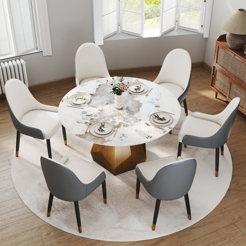 English Elm 53 Inch Round Sintered Stone Dining Table Brass Base Mid-Century Style Seats Six W1535S00710