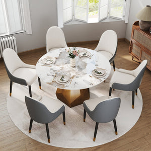 English Elm 53 Inch Round Sintered Stone Dining Table Brass Base Mid-Century Style Seats Six W1535S00710