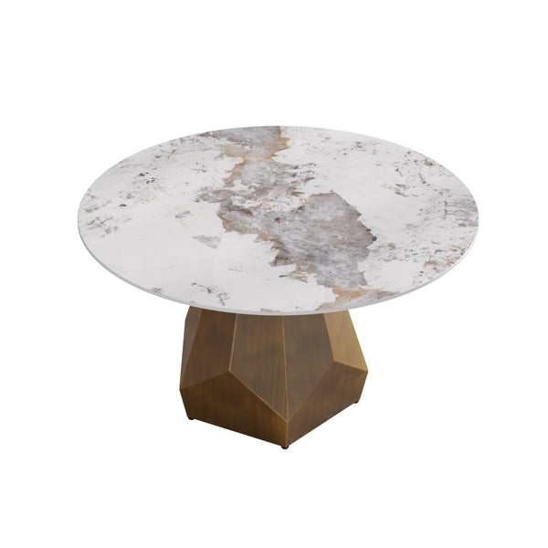 English Elm 53 Inch Round Sintered Stone Dining Table Brass Base Mid-Century Style Seats Six W1535S00710