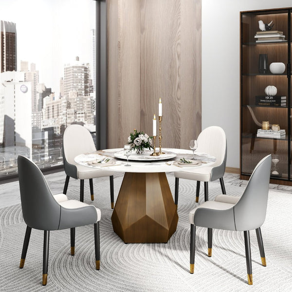 English Elm 53" Round Sintered Stone Dining Table Brass Base Lazy Susan Seats Six Modern W1535S00711