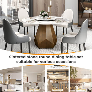 English Elm 53" Round Sintered Stone Dining Table Brass Base Lazy Susan Seats Six Modern W1535S00711