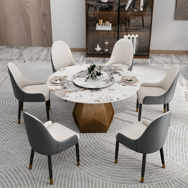 English Elm 53" Round Sintered Stone Dining Table Brass Base Lazy Susan Seats Six Modern W1535S00711