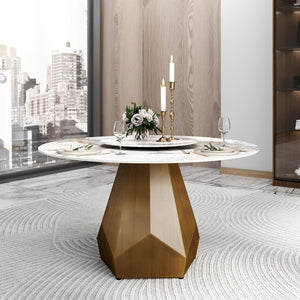 English Elm 53" Round Sintered Stone Dining Table Brass Base Lazy Susan Seats Six Modern W1535S00711