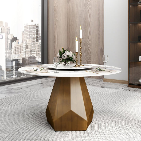 English Elm 53" Round Sintered Stone Dining Table Brass Base Lazy Susan Seats Six Modern W1535S00711