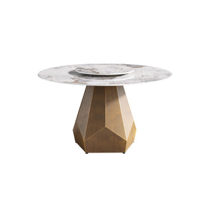 English Elm 53" Round Sintered Stone Dining Table Brass Base Lazy Susan Seats Six Modern W1535S00711