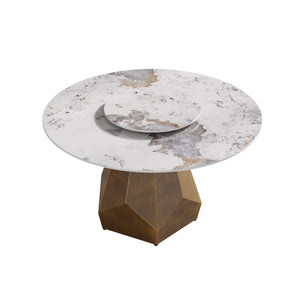 English Elm 53" Round Sintered Stone Dining Table Brass Base Lazy Susan Seats Six Modern W1535S00711