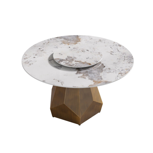 English Elm 53" Round Sintered Stone Dining Table Brass Base Lazy Susan Seats Six Modern W1535S00711