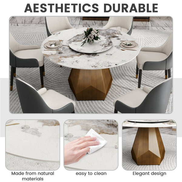 English Elm 53" Round Sintered Stone Dining Table Brass Base Lazy Susan Seats Six Modern W1535S00711