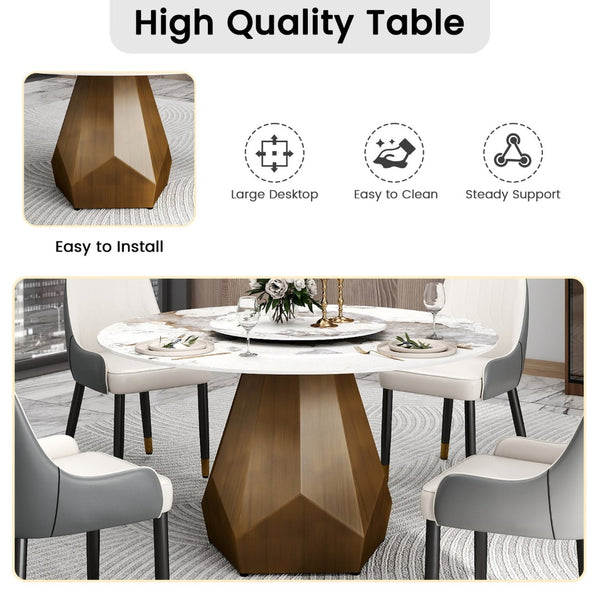 English Elm 53" Round Sintered Stone Dining Table Brass Base Lazy Susan Seats Six Modern W1535S00711