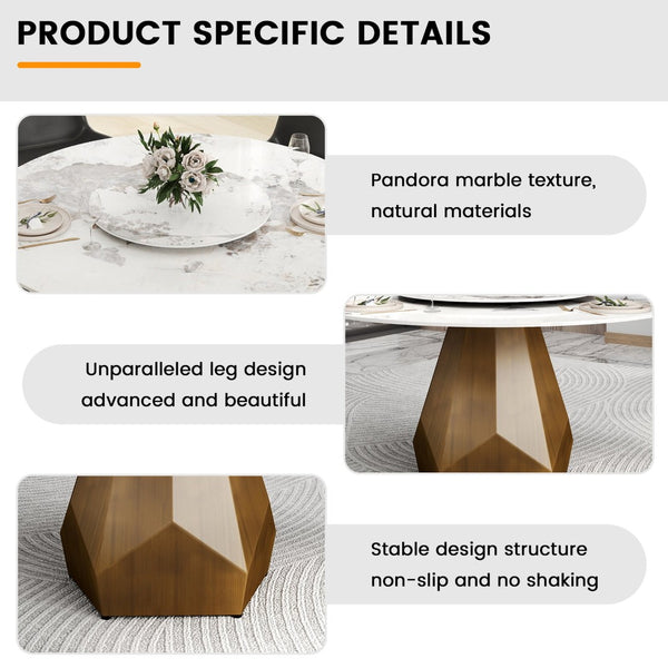English Elm 53" Round Sintered Stone Dining Table Brass Base Lazy Susan Seats Six Modern W1535S00711