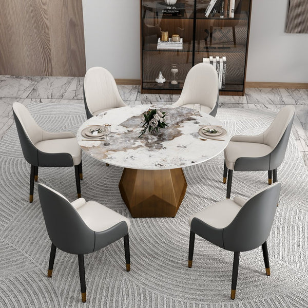 English Elm 53" Round Sintered Stone Dining Table Brass Base Lazy Susan Seats Six Modern W1535S00712
