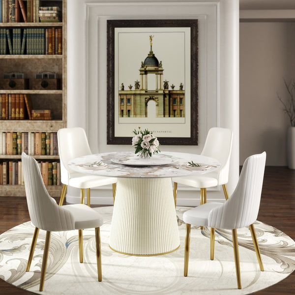 English Elm 53" Round Sintered Stone Dining Table Brass Base Lazy Susan Seats Six Modern W1535S00713