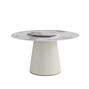 English Elm 53" Round Sintered Stone Dining Table Brass Base Lazy Susan Seats Six Modern W1535S00713