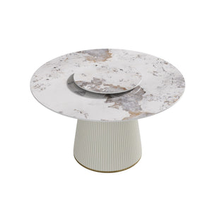 English Elm 53" Round Sintered Stone Dining Table Brass Base Lazy Susan Seats Six Modern W1535S00713
