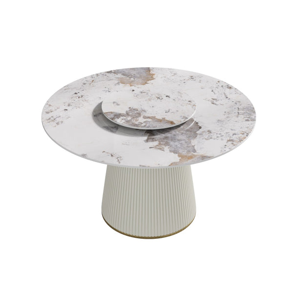 English Elm 53" Round Sintered Stone Dining Table Brass Base Lazy Susan Seats Six Modern W1535S00713