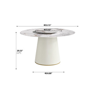 English Elm 53" Round Sintered Stone Dining Table Brass Base Lazy Susan Seats Six Modern W1535S00713