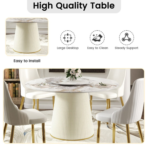 English Elm 53" Round Sintered Stone Dining Table Brass Base Lazy Susan Seats Six Modern W1535S00713