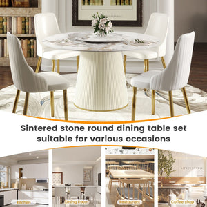 English Elm 53" Round Sintered Stone Dining Table Brass Base Lazy Susan Seats Six Modern W1535S00713