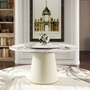 English Elm 59.05 Round Sintered Stone Dining Table Seats 8 with Built in Lazy Susan Turntable W1535S00714